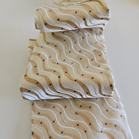 Sazzari Tie Gold White Waves Embroidery Grey Dots 100% SIlk L 56.5 in W 3.75 in - Picture 10 of 13